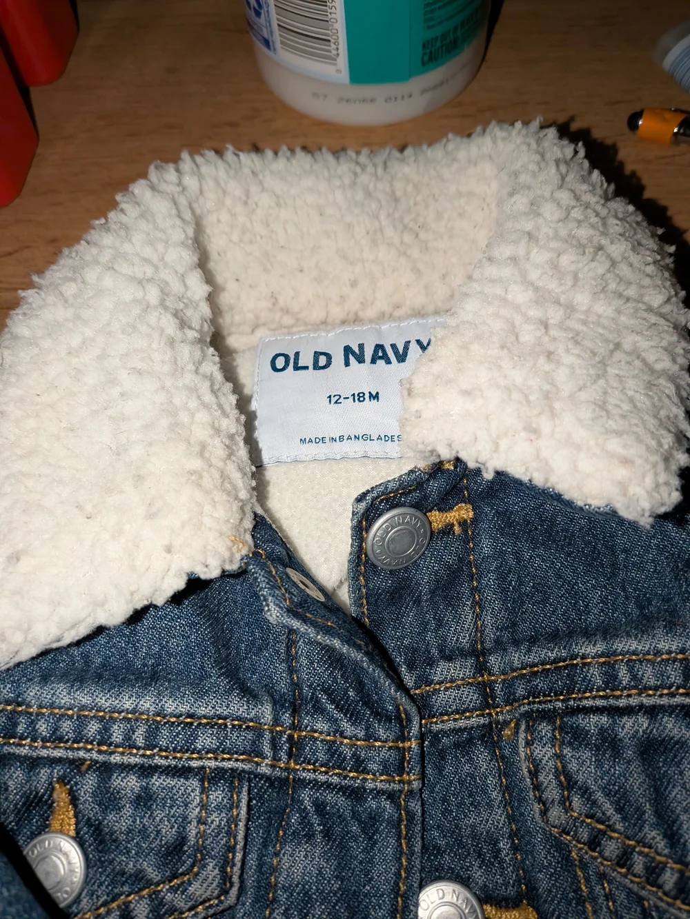 Old Navy Dark Blue Denim Jacket with Cream Sherpa Collar